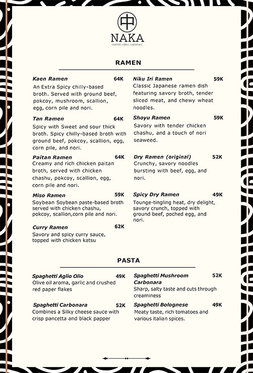 Menu Ramen and Pasta